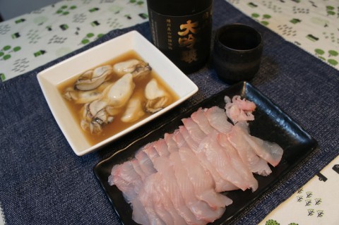 オヒョウ刺し身・カキ酢&會津ほまれ純米大吟醸