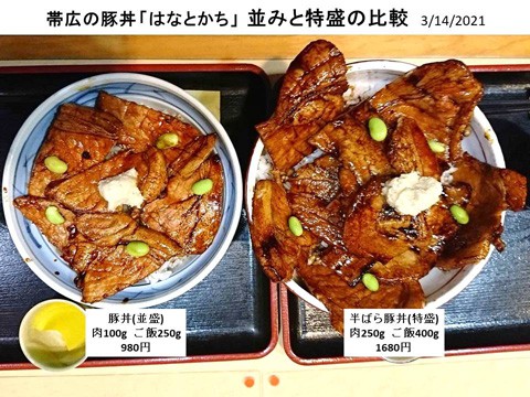 帯広の豚丼 「はなとかち」 並盛と特盛の比較